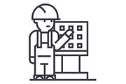master,foreman,engineer with machine tool vector line icon, sign, illustration on background, editable strokes