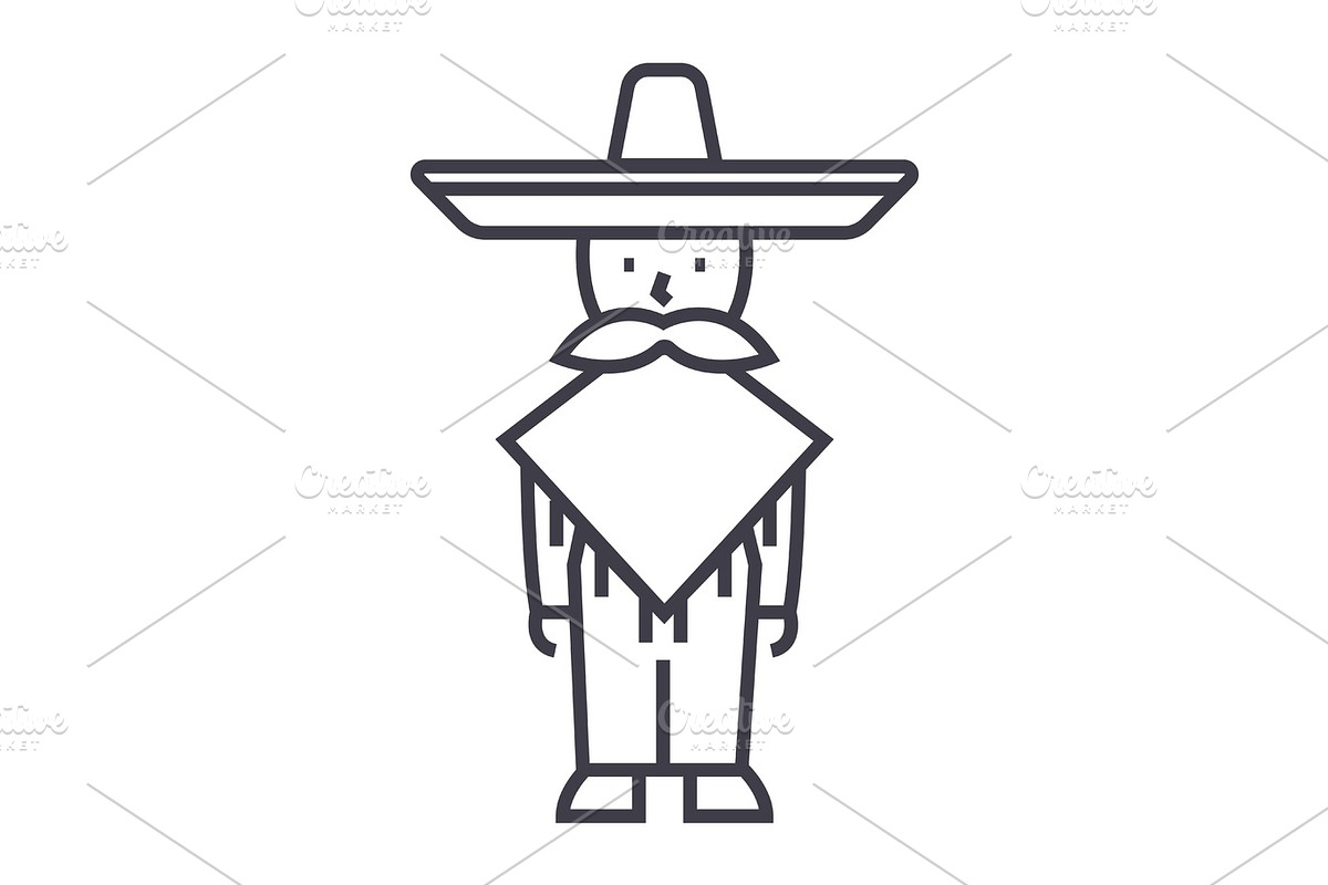 mexican man,mariachi vector line icon, sign, illustration on background, editable strokes in Graphics - product preview 8