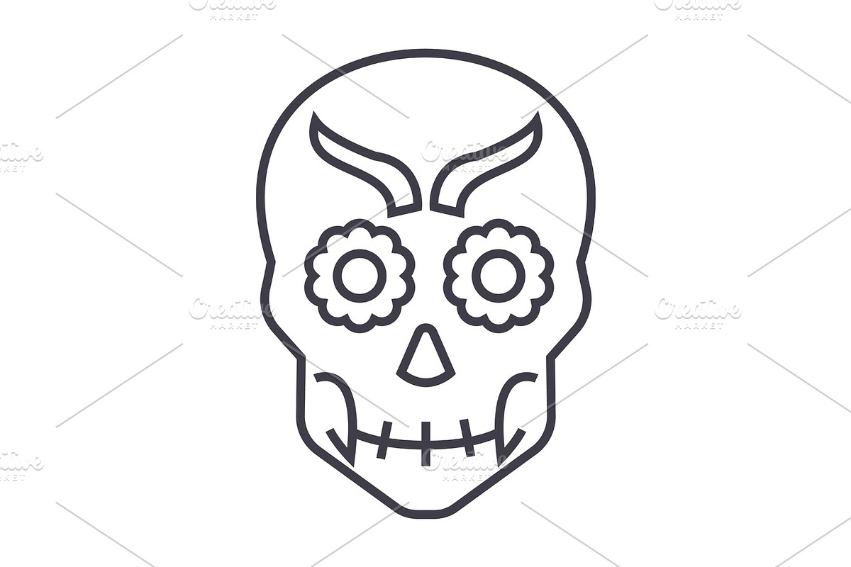 mexican skull vector line icon, sign, illustration on background, editable strokes in Graphics - product preview 8