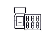 pills and tablets and bottle vector line icon, sign, illustration on background, editable strokes
