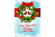 Christmas wreath greeting card of New Year holiday