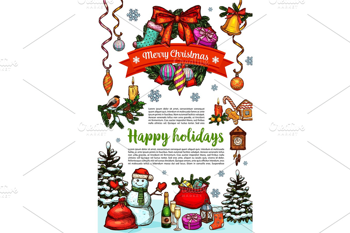 Merry Christmas wish vector greeting card sketch in Illustrations - product preview 8