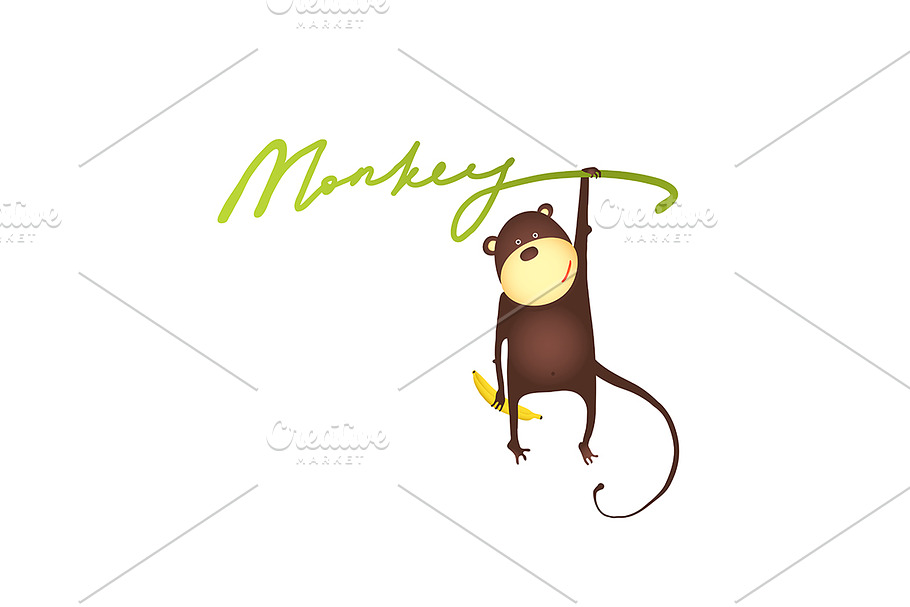 Monkey Hanging on Vine with Banana in Illustrations - product preview 8