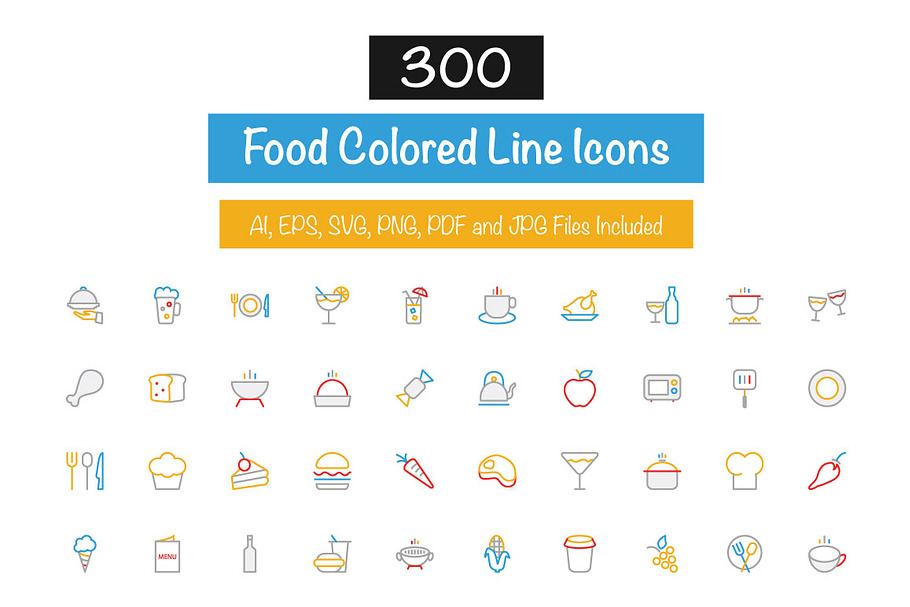 300 Food Colored Line Icons