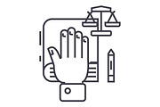 truth concept,hand on book, bibile,small scales vector line icon, sign, illustration on background, editable strokes