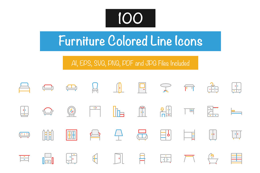 100 Furniture Colored Line Icons