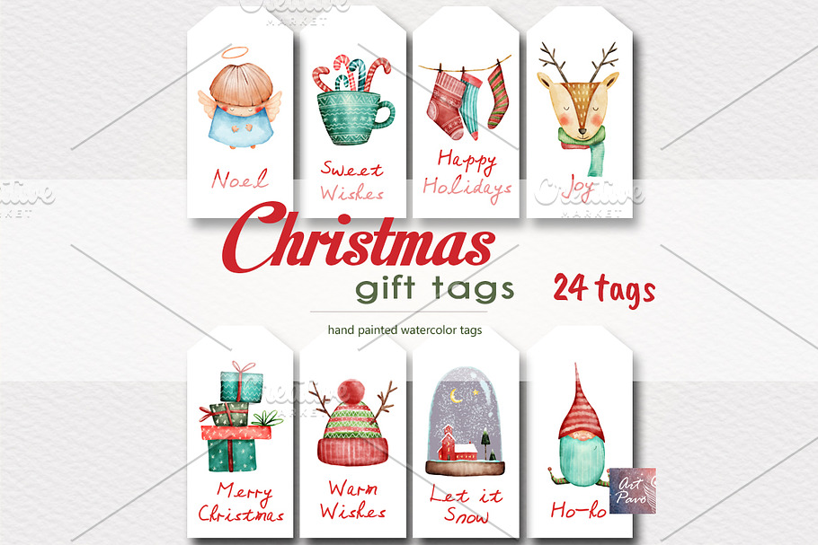 Christmas Gift tags, Watercolor in Illustrations - product preview 8