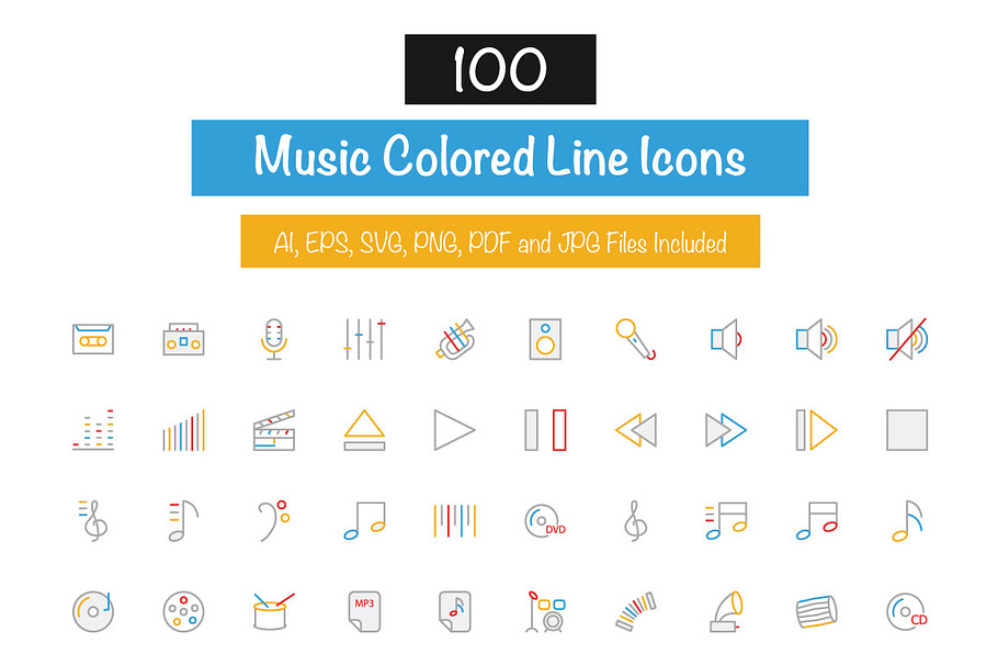 100 Music Colored Line Icons