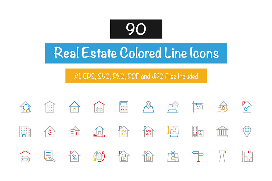 90 Real Estate Colored Line Icons