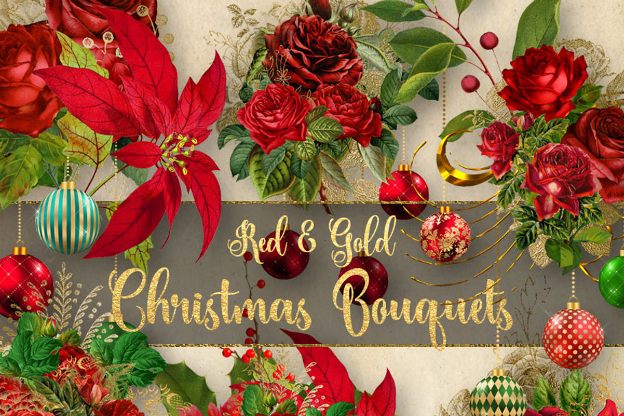 Red and Gold Christmas Bouquets in Illustrations - product preview 8