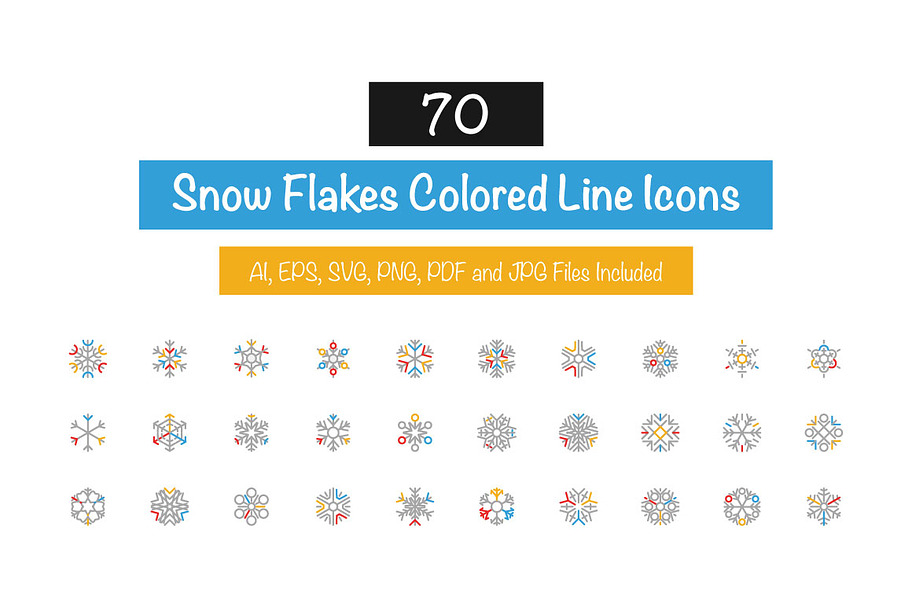 70 Snow Flakes Colored Line Icons