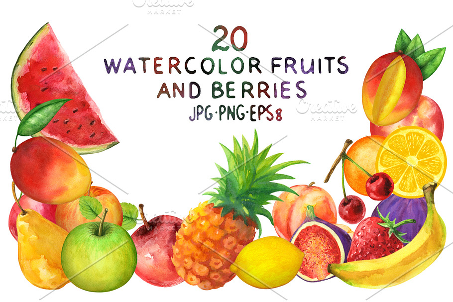 Watercolor set fruits and berries