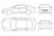 Sedan car in outline. Business sedan vehicle template vector isolated on white. View front, rear, side, top. All elements in groups