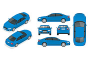 Set of Sedan Cars. Isolated car, template for branding and advertising. Front, rear , side, top and isometry front and back Change the color in one click