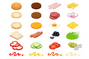 Set vector constructor isometric Burger ingredients and burger buns isolated on white background. Ham, cheese, egg, onion, tomato, cucumber, mushrooms, radishes, salad, cutlet, potato and pepper