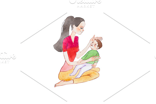 Aquarelle hand-painted drawing of young mother sitting on floor holding her baby son stroking his head