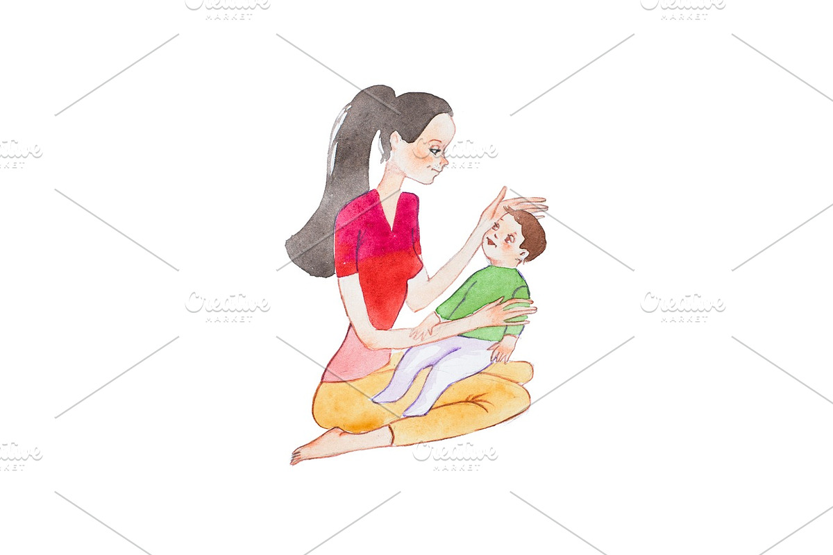 Aquarelle hand-painted drawing of young mother sitting on floor holding her baby son stroking his head in Illustrations - product preview 8