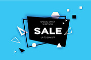 Sale. Trendy Geometric elemets and frame in paper cut style. Discount. For brochure, flyer or presentations design. Simple geometry. Blue background. Vector