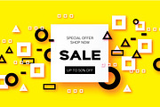 Sale. Trendy Geometric elemets and frame in paper cut style. Discount. For brochure, flyer or presentations design. Simple geometry. Yellow background. Vector