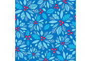 Vector holly berry blue, red holiday seamless pattern background. Great for winter themed packaging, giftwrap, gifts projects.