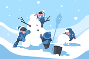 Children build snowman in winter