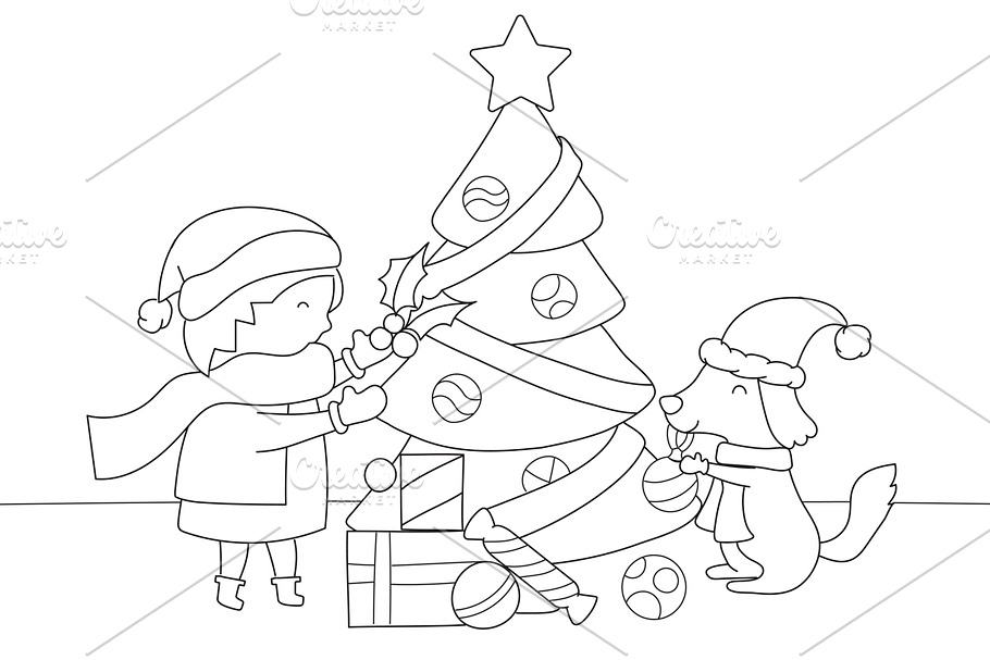 kid decorating christmas tree in Illustrations - product preview 8