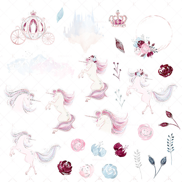 Rose Gold & Burgundy Unicorns in Illustrations - product preview 2