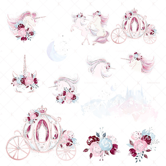 Rose Gold & Burgundy Unicorns in Illustrations - product preview 3