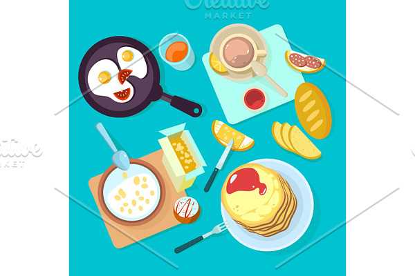 Fresh healthy breakfast food and drinks top view isolated on blue backgraund