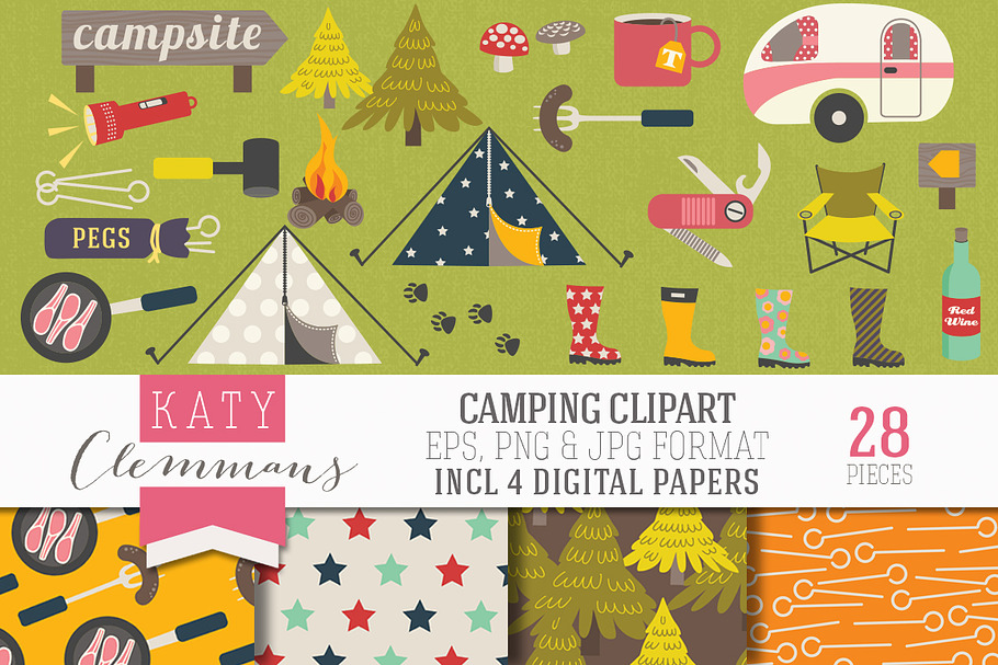 Camping clip art pack with papers