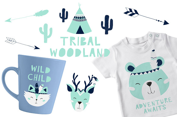 Tribal Woodland Set Mint in Illustrations - product preview 1