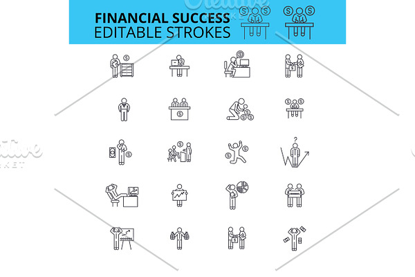 Financial success ouline vector icons. Editable strokes. Financial planning signs set. Finance control concept thin line icons. Money making logo