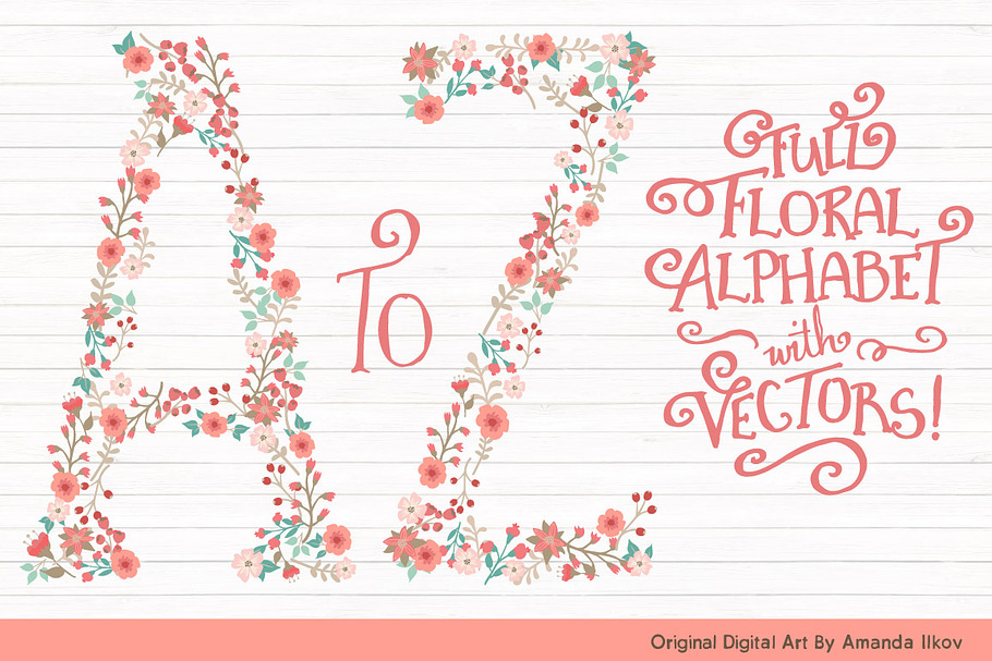 Mint & Coral Floral Alphabet Clipart in Illustrations - product preview 8