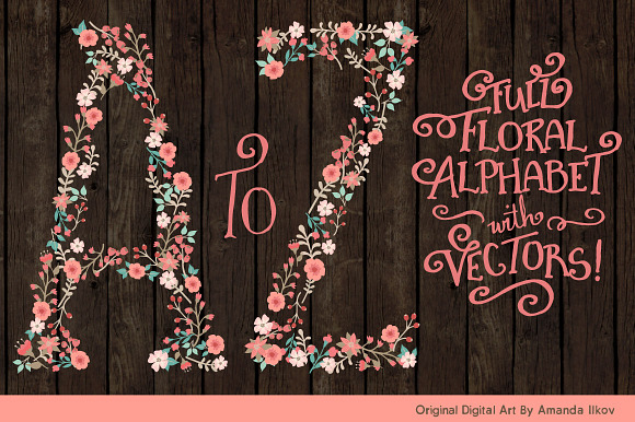 Mint & Coral Floral Alphabet Clipart in Illustrations - product preview 1