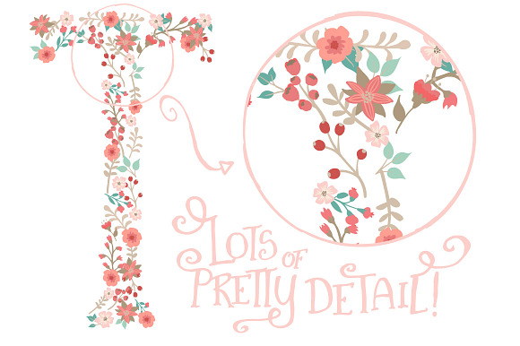 Mint & Coral Floral Alphabet Clipart in Illustrations - product preview 3