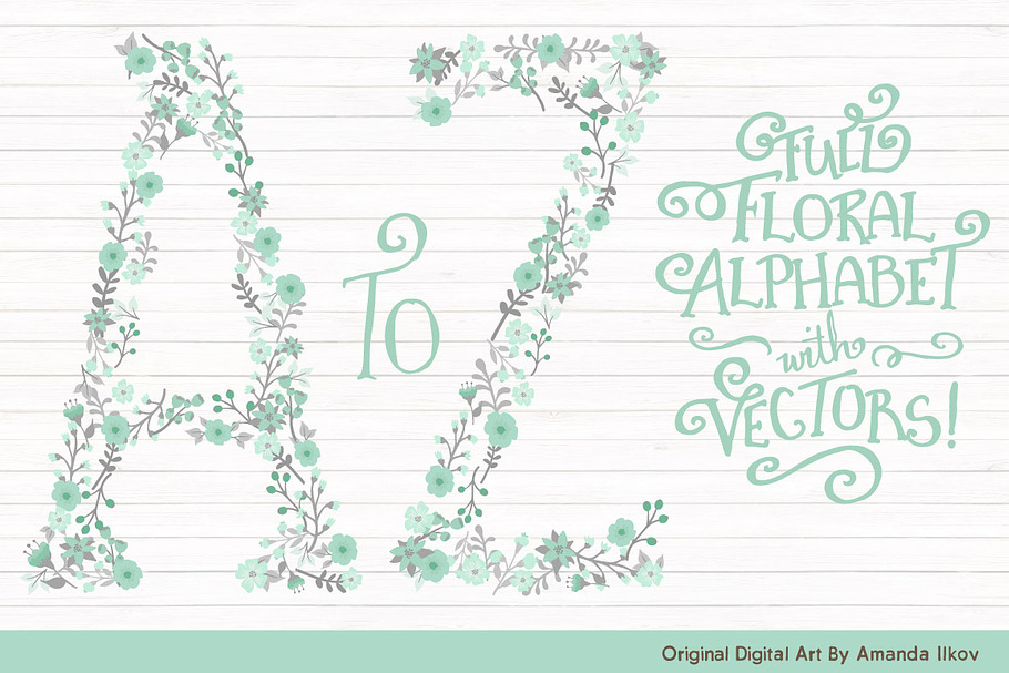 Mint & Grey Floral Alphabet Vectors