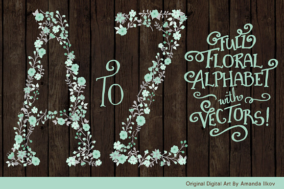 Mint & Grey Floral Alphabet Vectors in Illustrations - product preview 1