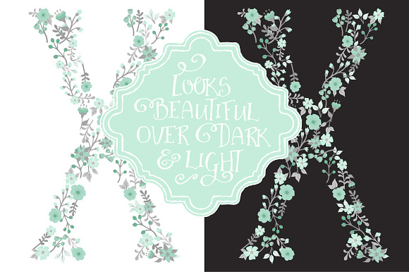 Mint & Grey Floral Alphabet Vectors in Illustrations - product preview 2