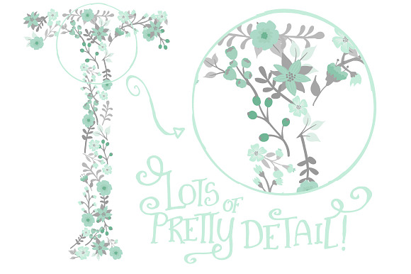 Mint & Grey Floral Alphabet Vectors in Illustrations - product preview 3