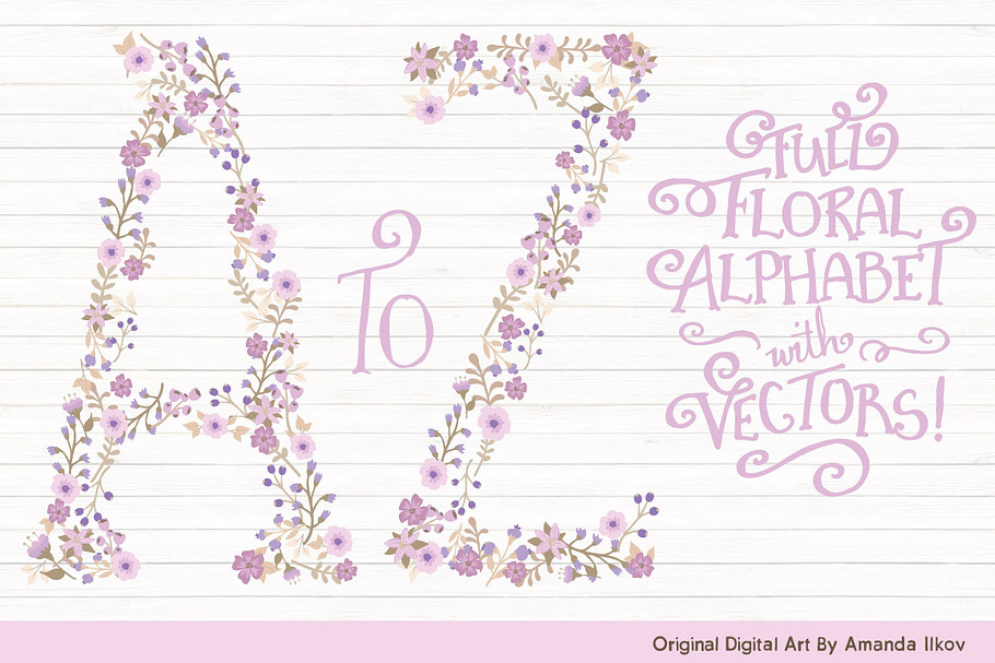 Lavender Floral Alphabet Vectors in Illustrations - product preview 8