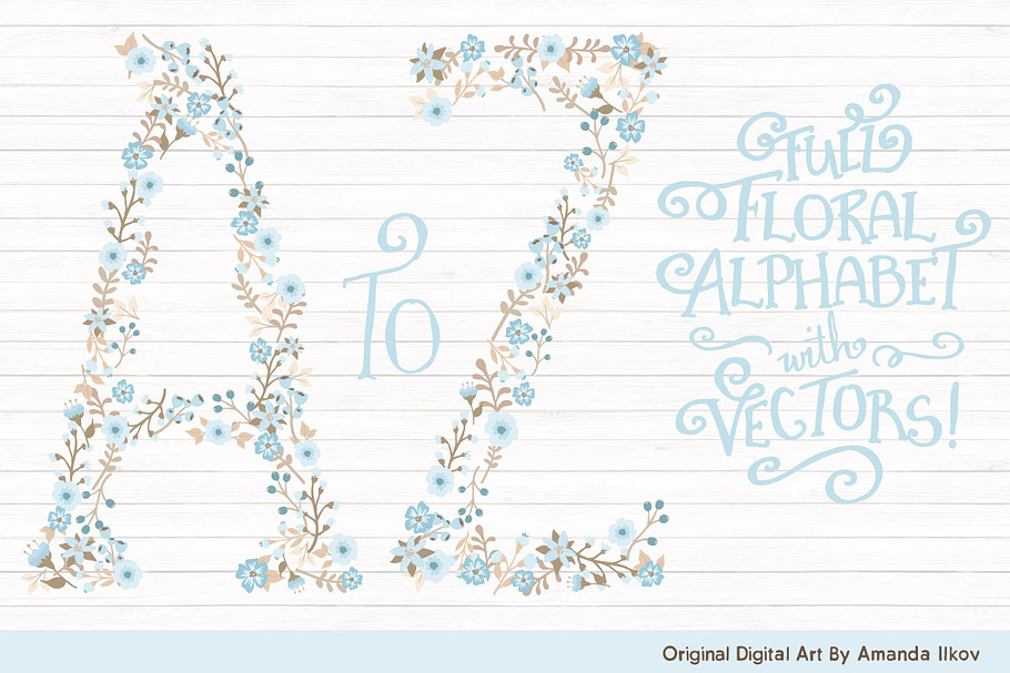 Soft Blue Floral Alphabet Clipart in Illustrations - product preview 8
