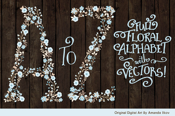 Soft Blue Floral Alphabet Clipart in Illustrations - product preview 1