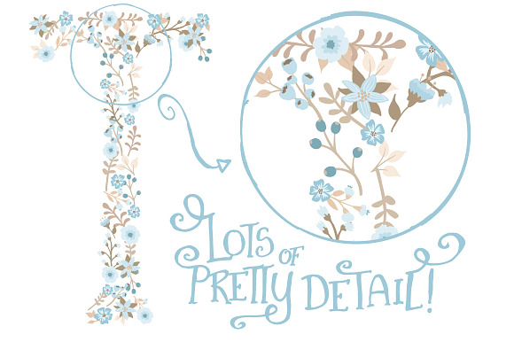 Soft Blue Floral Alphabet Clipart in Illustrations - product preview 3