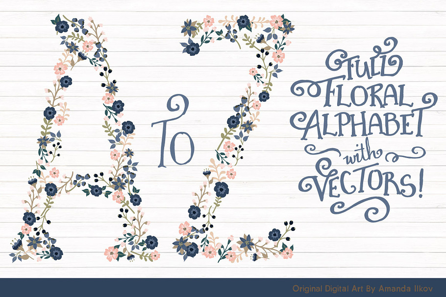 Navy & Blush Floral Alphabet Vectors in Illustrations - product preview 8