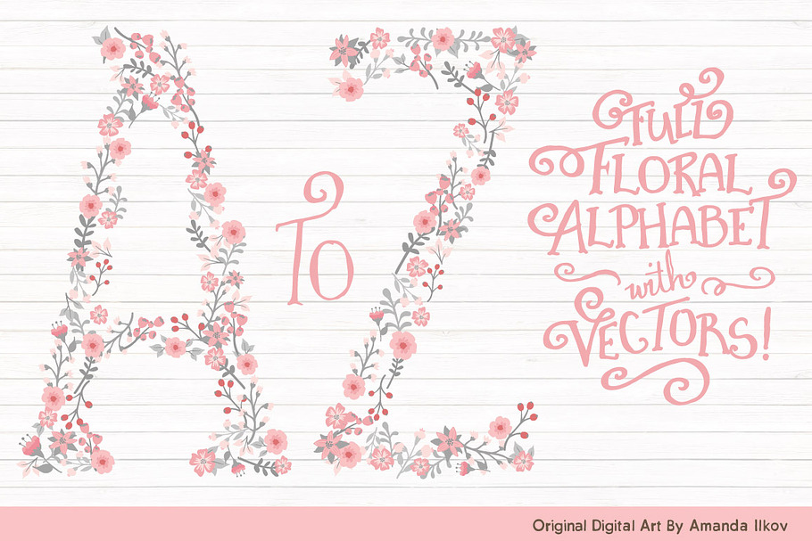 Pink & Grey Floral Alphabet Vectors