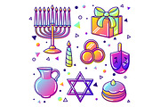 Set of Happy Hanukkah celebration objects and icons