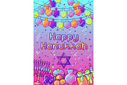 Happy Hanukkah greeting card with holiday objects