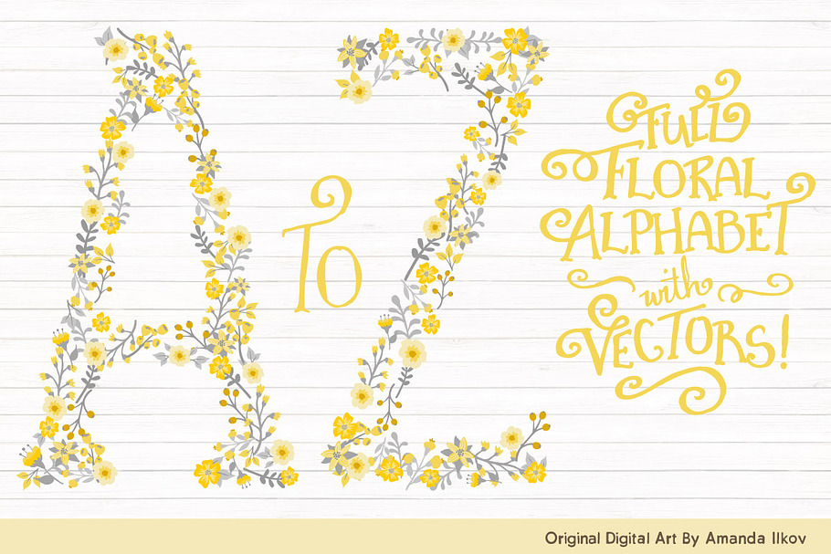 Sunshine Yellow Floral Alphabet in Illustrations - product preview 8