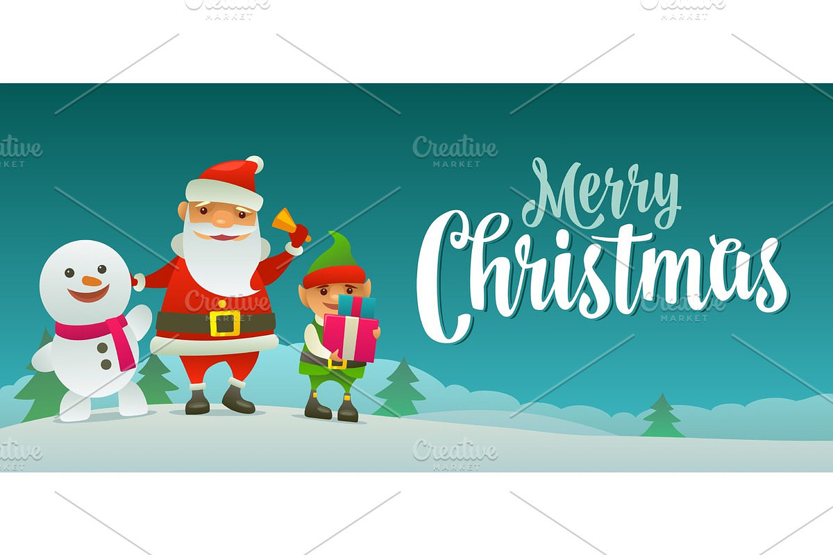 Santa claus, snowman and elf with gift. Flat vector illustration in Objects - product preview 8