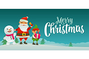 Santa claus, snowman and elf with gift. Flat vector illustration